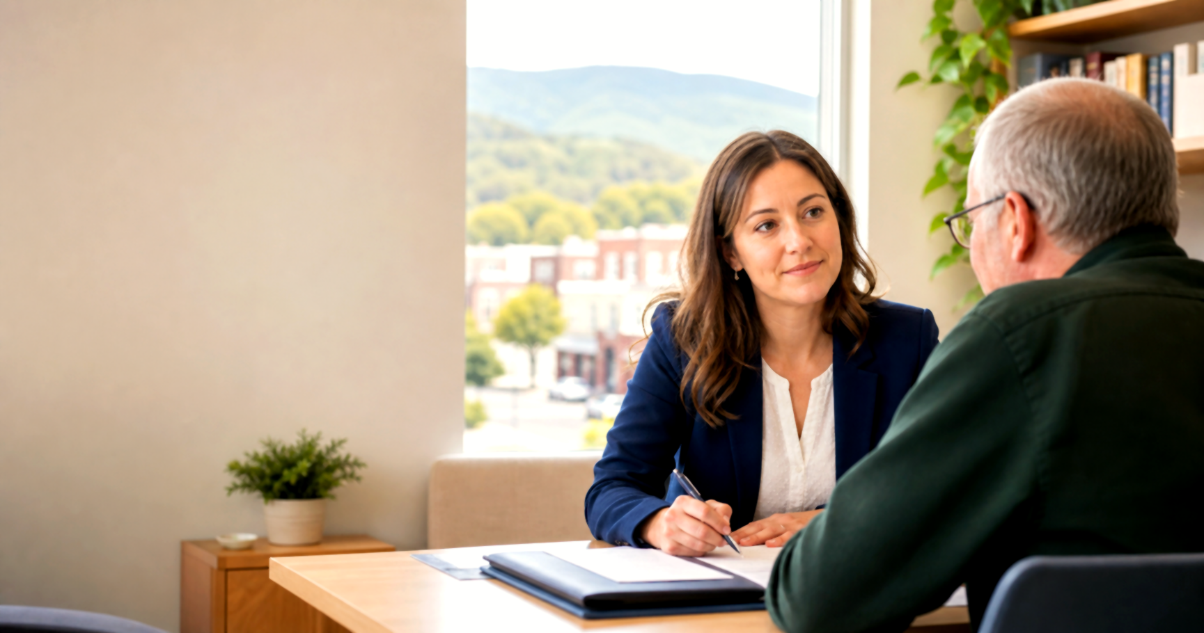 A legal aid staff member listening to a client in a calm office setting.